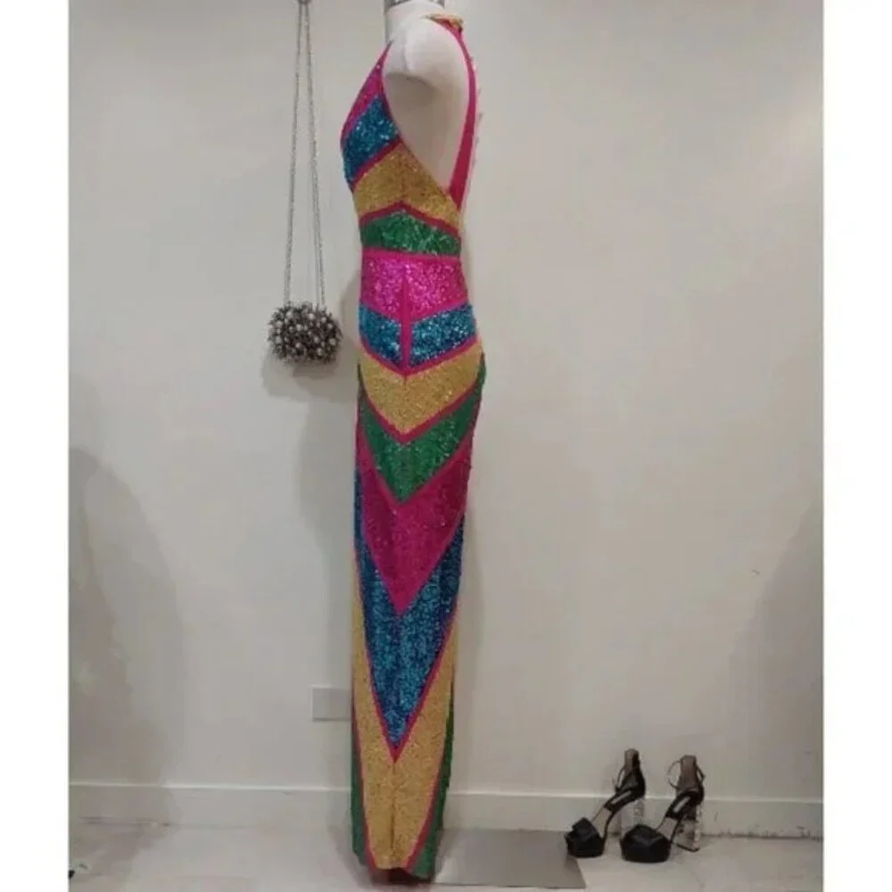 💋RETRO GLAM!💋 STUDIO 54 Halter Cut Out Wide-leg Jumpsuit in Stripe Sequin - Picture 9 of 15